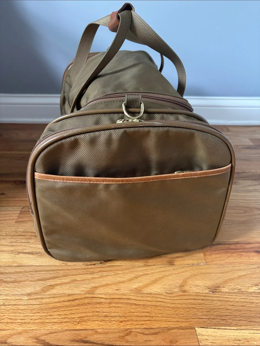 Hartmann Khaki Duffel Bag with Tan Leather Trim and Removable Strap
